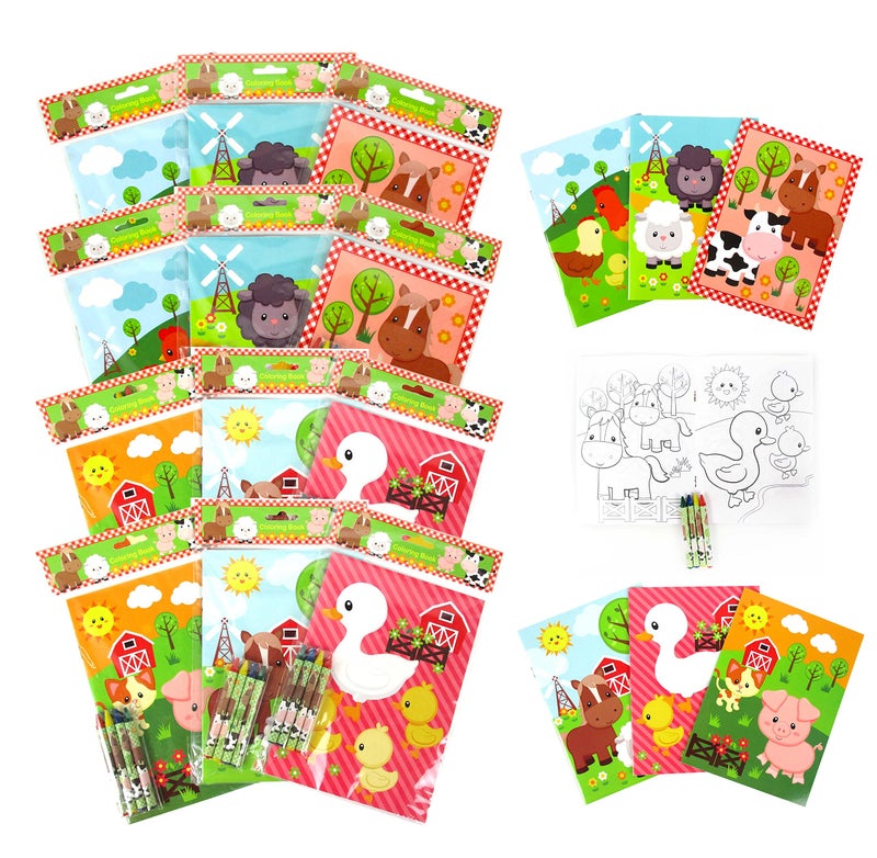 TINYMILLS Tiny Mills Farm Animals Coloring Books with Crayons Party Favors with 12 Coloring Books and 48 Crayons, Fun Barnyard Party Favors, Farm Animals Prizes, Favor Bag Filler, Barnyard Party Supplies - Image 1